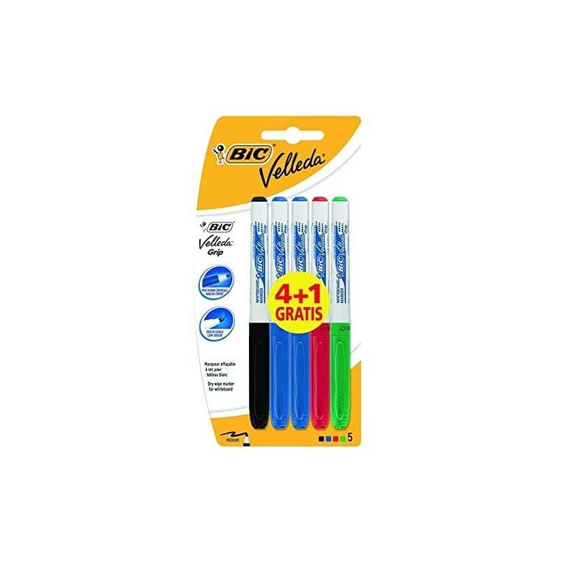 Bic Velleda Grip 4+1 Confezione da 5 Pennarelli per lavagna bianca - Zona di presa - Punta media - Linea 1.2 mm - Gomma 