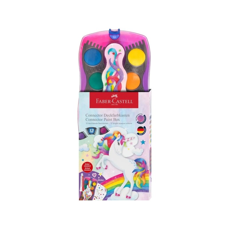 Faber-Castell Connector Unicorn Confezione da 12 pellet di acquerello + pittura bianca opaca + adesivi - Alta opacità -