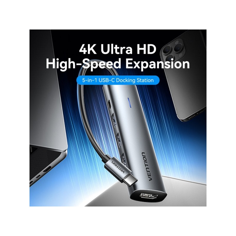 Vention Docking Station 5 in 1 da USB-C a HDMI/3xUSB3.0/USB-C PD 100W - 0.15m - Colore grigio