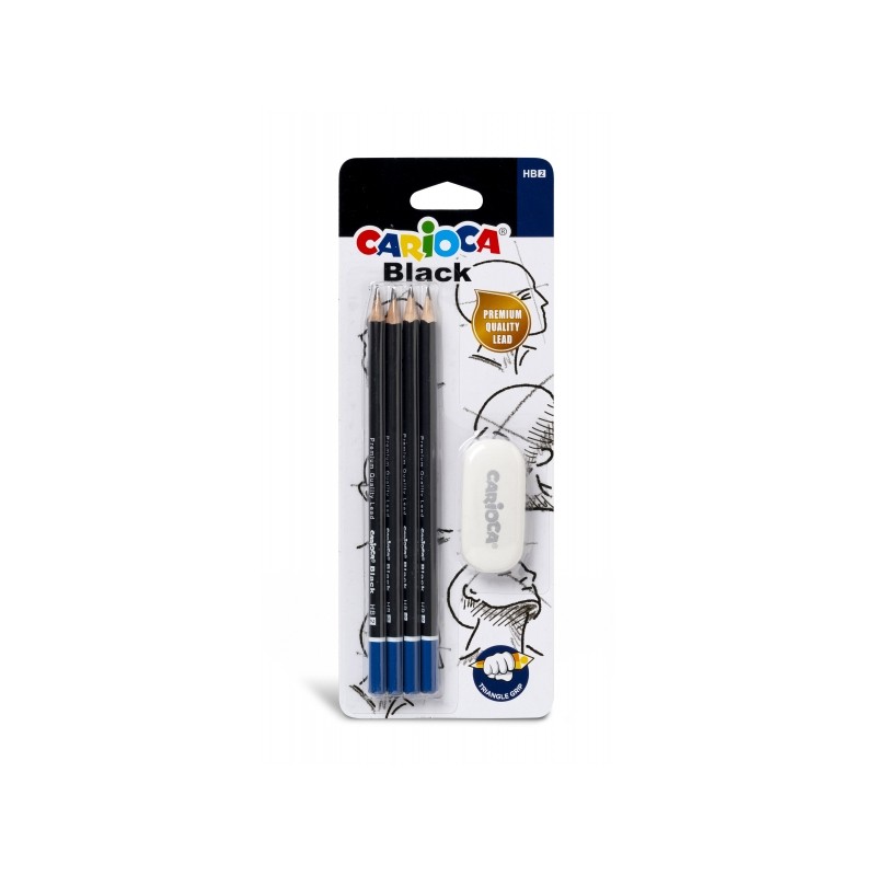 Carioca Blister di 4 matite di grafite nere HB + gomma - Facili da cancellare e da temperare - Fusto triangolare - Mina 