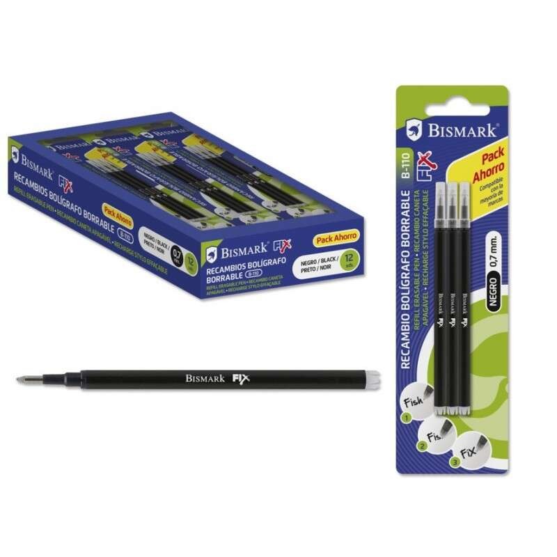 Bismark Fix Confezione da 3 ricariche per penna a sfera cancellabile - Punta fine 0.7 mm - Nero