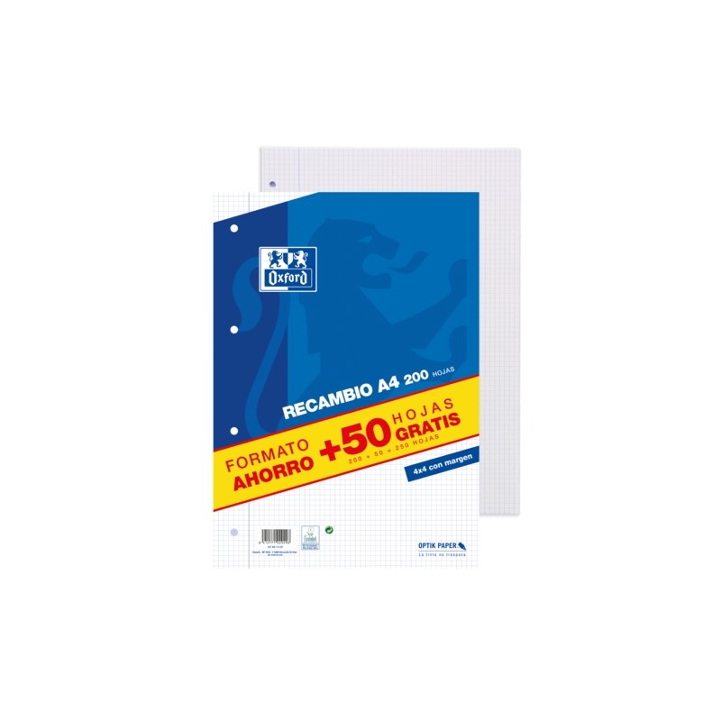 Oxford School Classic A4 Refill - 4x4 Margin Pack - 200 fogli + 50 fogli gratuiti
