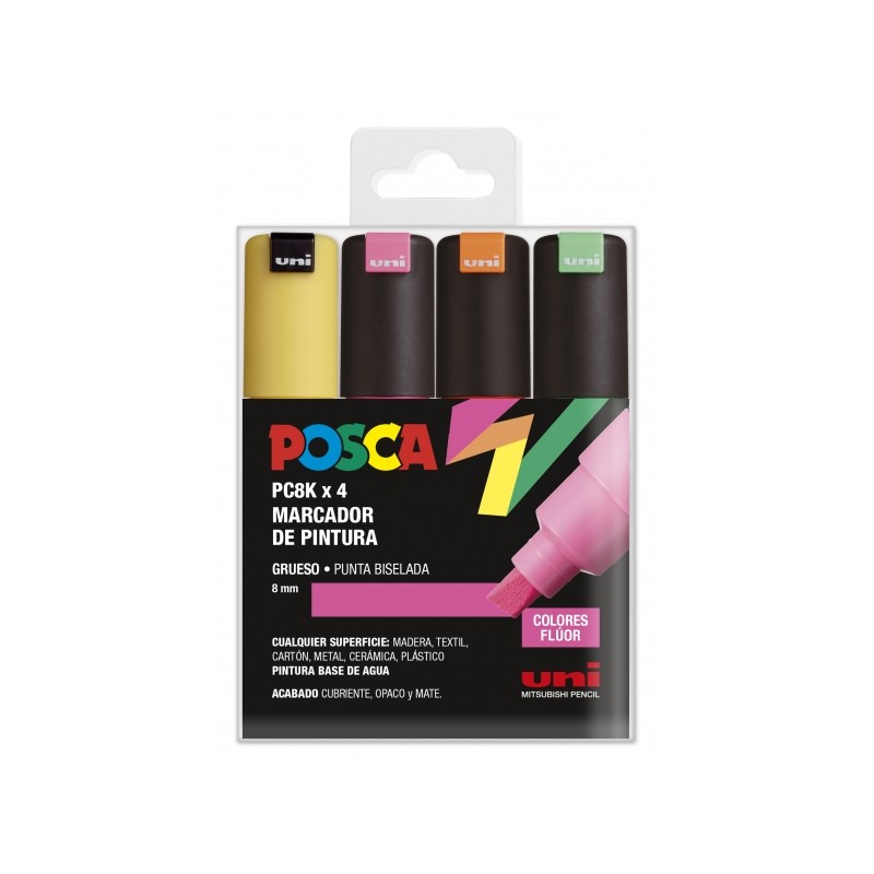 Posca PC-8K Set di 4 pennarelli - Punta smussata acrilica 8 mm - Inchiostro a base d'acqua - Resistente alla luce - Colo