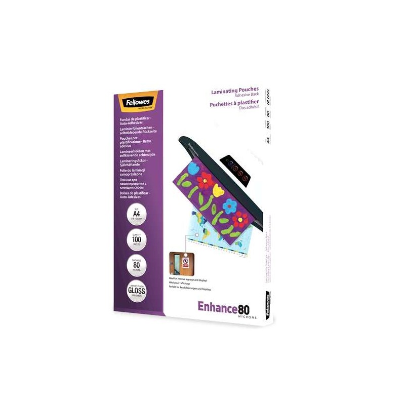 Fellowes Confezione da 100 maniche di laminazione autoadesive lucide A4 - 80 Micron - Alta qualità - Trasparente