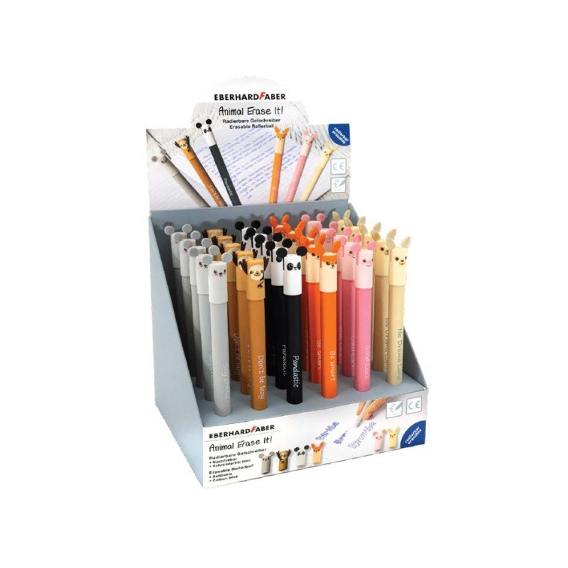 Eberhard Faber Animal Erase It! Display con 36 penne a sfera cancellabili Inchiostro gel blu - Tratto penna 0.7 mm - Cap