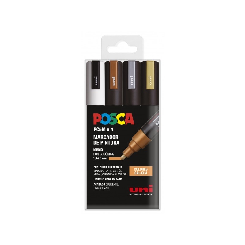 Posca PC-5M Confezione da 4 pennarelli - Punta 1.8-2.5 mm - Inchiostro a base d'acqua - Resistente alla luce - Colori as
