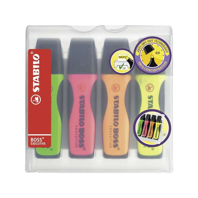 Stabilo Boss Executive Confezione da 4 evidenziatori - Zona di presa - Linea da 2 a 5 mm - Ricaricabile - Inchiostro a b
