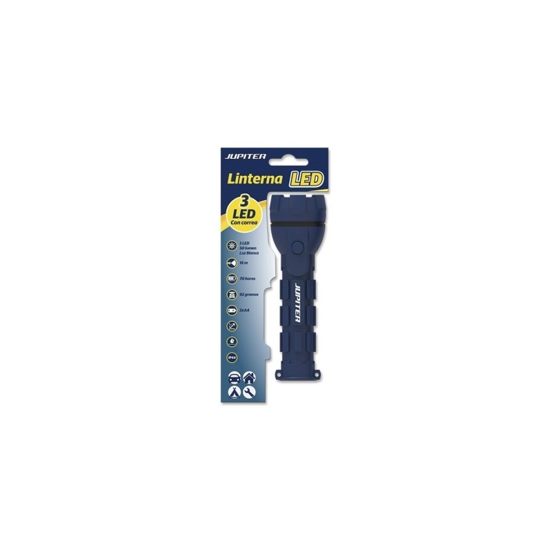 Torcia a luce bianca Jupiter 3 LED 50lm - Corpo in gomma - Resistenza IP44 - Alimentazione con 2 batterie AA (non inclus