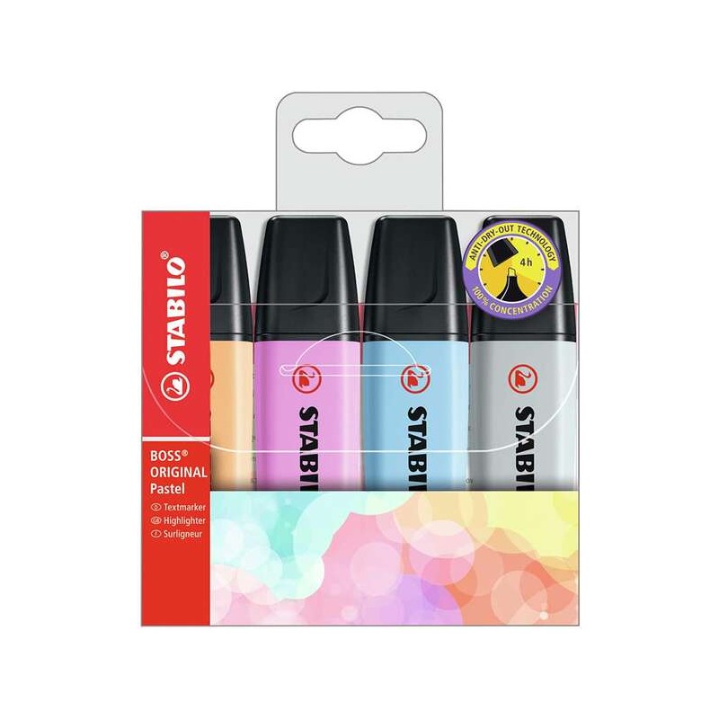Stabilo Boss 70 Pastello Confezione da 4 pennarelli fluorescenti - Linea da 2 a 5 mm - Ricaricabili - Inchiostro a base 