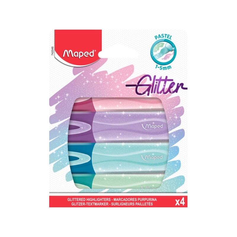 Maped Glitter Pastel Confezione da 4 evidenziatori Glitter Pastel - Punta smussata - Linea da 1 a 5 mm - Ideali per sott