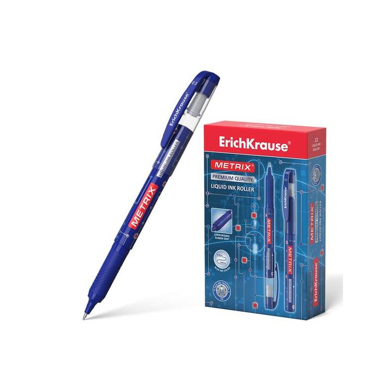Penna a sfera a inchiostro gel Erichkrause Metrix - Pennino 0.5 mm - Impugnatura in gomma - Cappuccio con clip - Asciuga