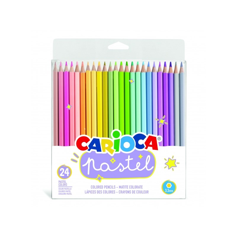 Confezione da 24 matite in legno Carioca - Colori pastello - Corpo esagonale - Colori brillanti e lavabili - Scrittura m