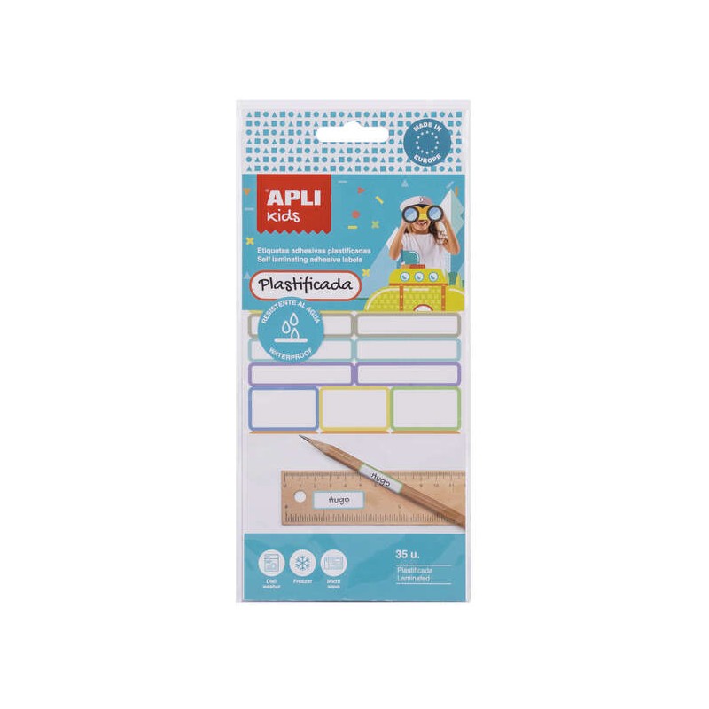 Apli Kids Confezione da 35 etichette laminate assortite - Tre formati: 46.5x10 mm (14). 30.5x19 mm (3). 30.6x11 mm (18) 
