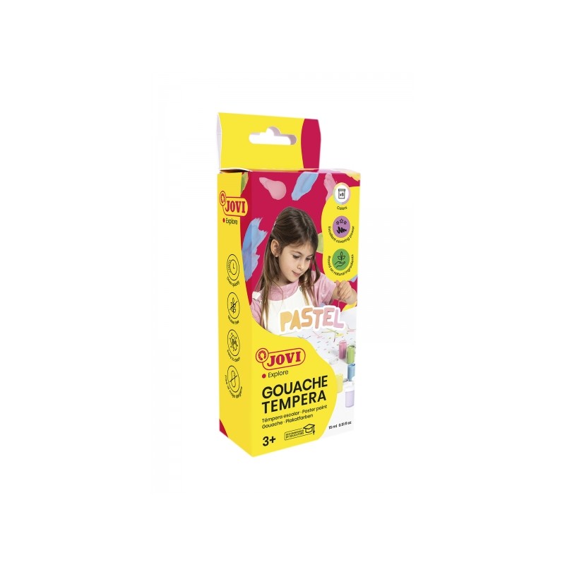 Tempera a guazzo Jovi Confezione da 6 vasetti 15ml Tempera scolastica - Colori pastello + pennello - Sfumabile - Include