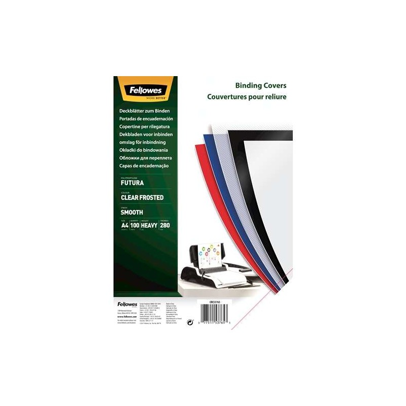 Fellowes Confezione da 100 copertine A4 in polipropilene - 300 Micron - Resistenti - Trasparenti