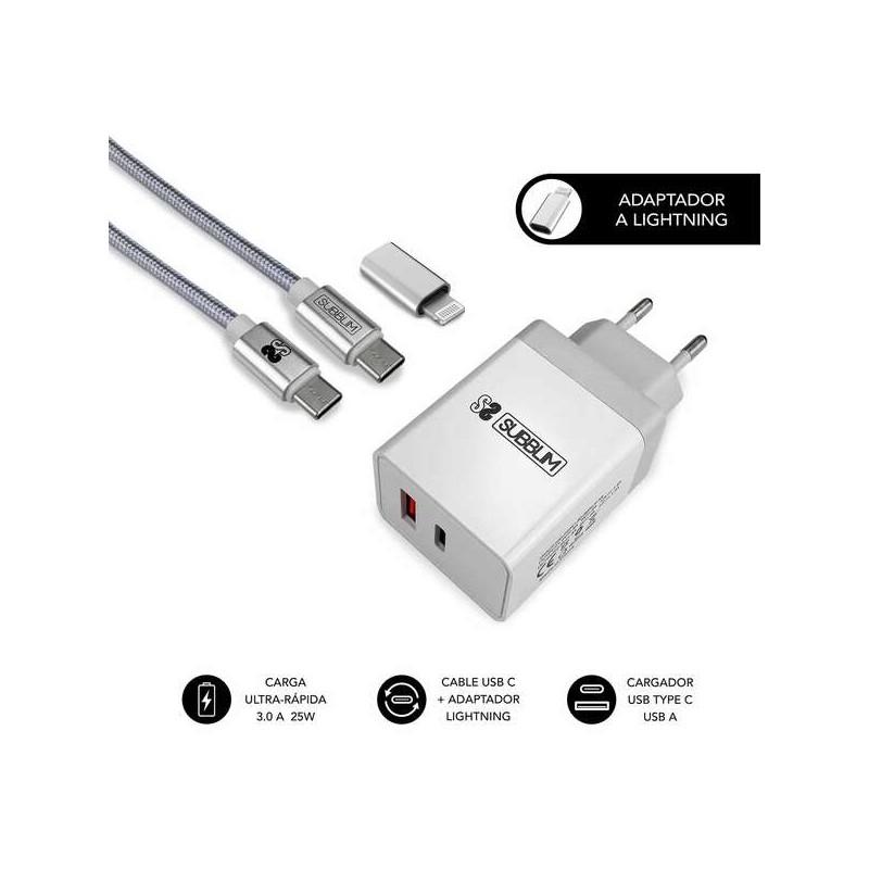 Caricatore da parete Subblim 25W - 2 porte (USB C + USB A) - Ricarica ultra rapida - Cavo USB C ad alte prestazioni - Es