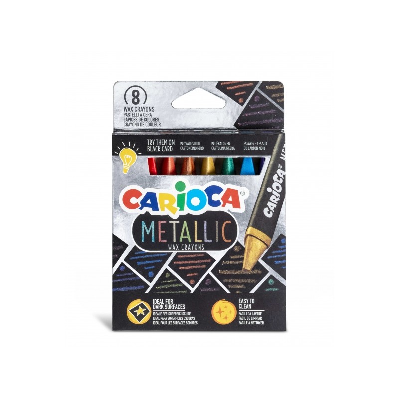 Carioca Metallic Confezione da 8 pastelli a cera metallizzati - Corpo triangolare maxi - Colori coprenti per superfici s