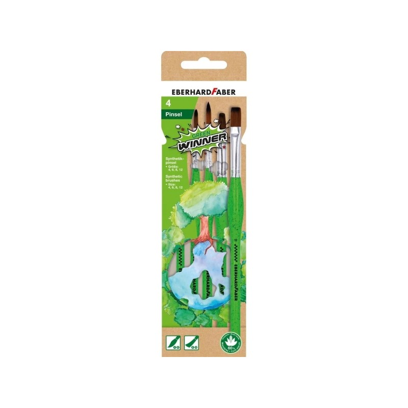 Eberhard Faber Green Winner Confezione con 4 pennelli in pelo sintetico misure 4. 6. 8. 12 - Impugnatura ergonomica - Re