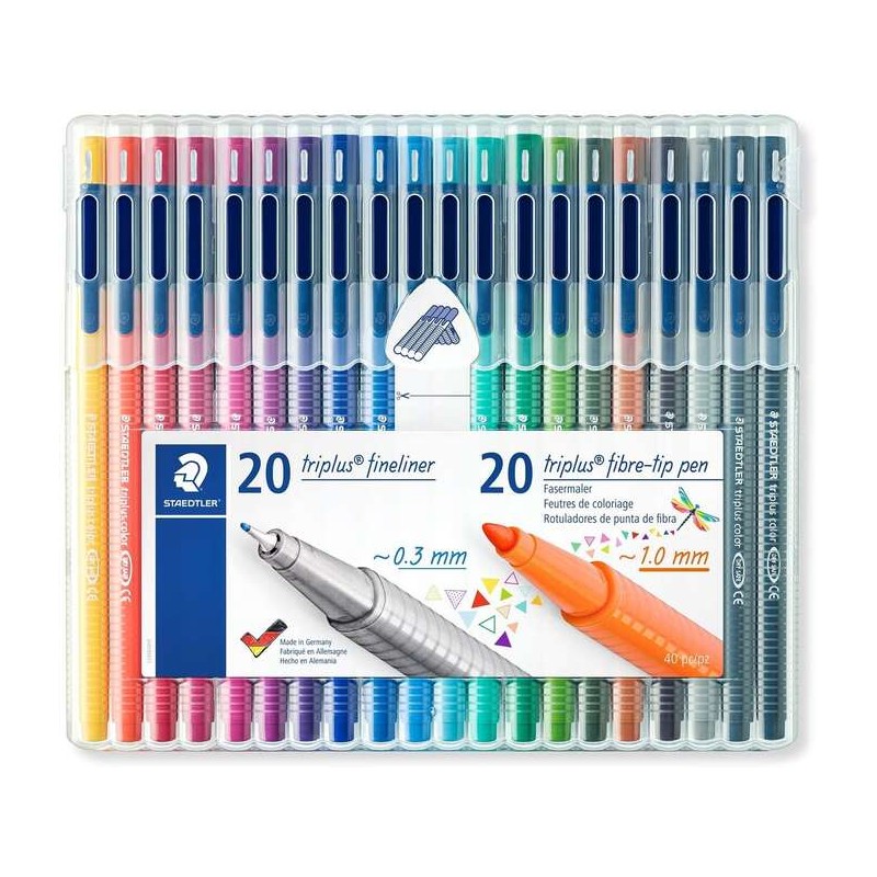 Staedtler Triplus Confezione da 20 matite fini per alimenti da 0.3 mm + 20 penne con punta in fibra da 1 mm - Cappuccio 