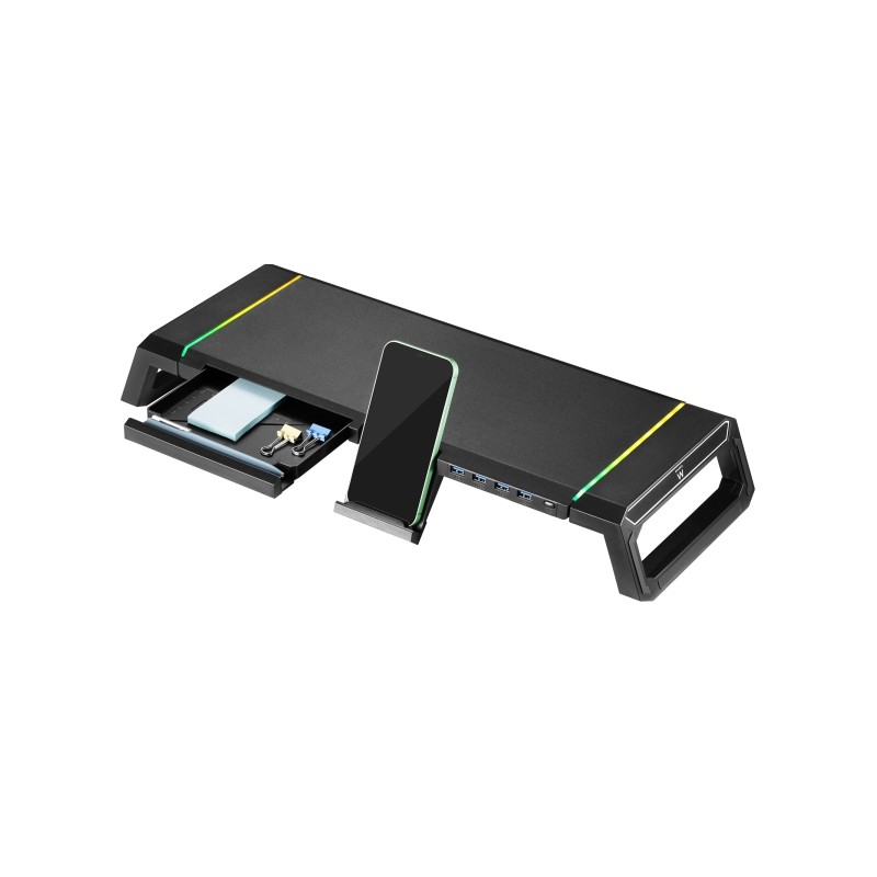 Ewent EW1268 Supporto per monitor RGB estensibile - pieghevole con cassetto e supporto per smartphone - Hub USB 3.0 a 4 