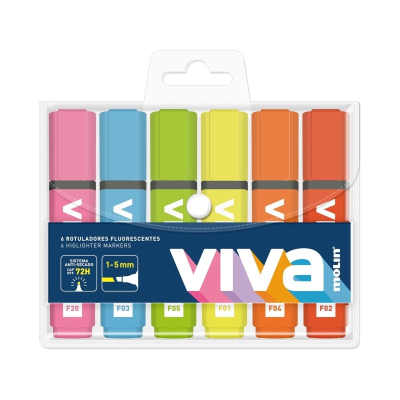 Molin Viva 6 confezioni di pennarelli fluorescenti - Linea da 1 a 5 mm - Inchiostro a base d'acqua - Colori assortiti
