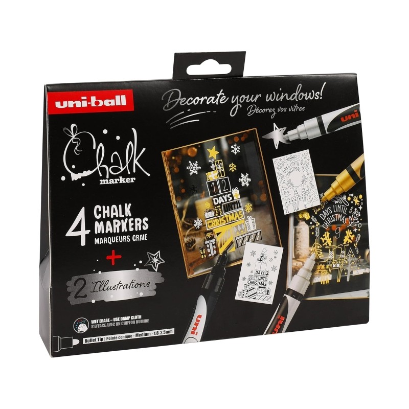 Uni-ball Chalk Scandinavian Colours Confezione da 4 pennarelli a gesso liquido + poster - Punta conica 1.8-2.5 mm - Canc