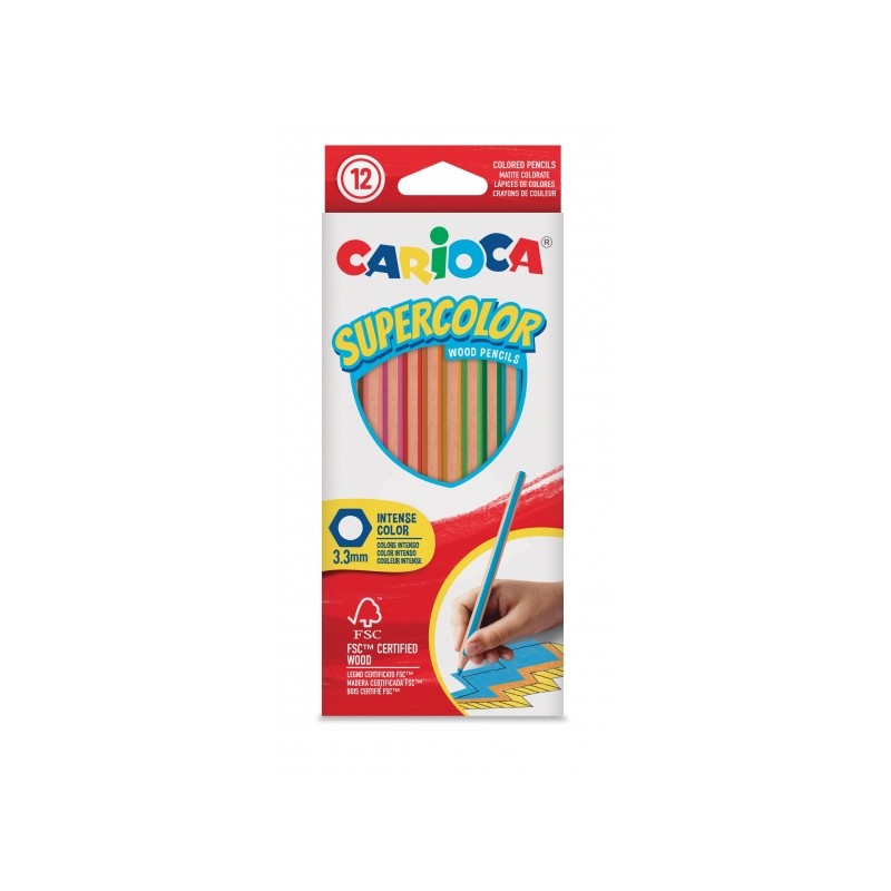 Carioca Supercolor Confezione da 12 matite colorate - Corpo esagonale in legno - Colori intensi e alta opacità - Mina d