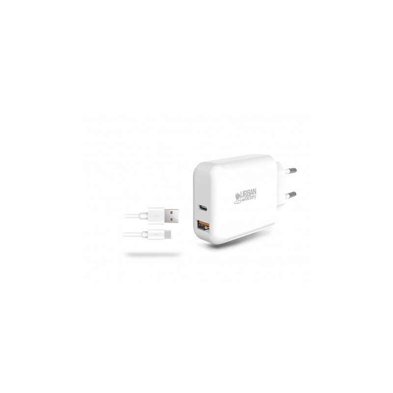 Urban Factory Powee Caricatore da parete USB-C da 45 W e USB-A da 18 W - Cavo da USB-A a USB-C da 1 m - Bianco