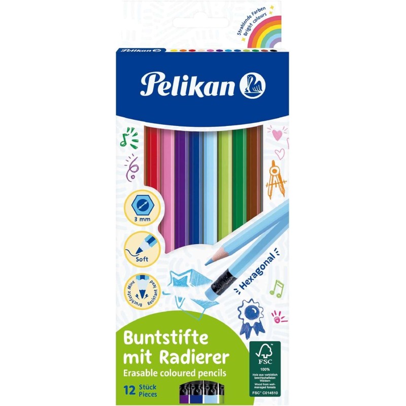Pelikan Scatola di 12 matite colorate esagonali cancellabili - con gomma - mina anti-cracking - certificate FSC