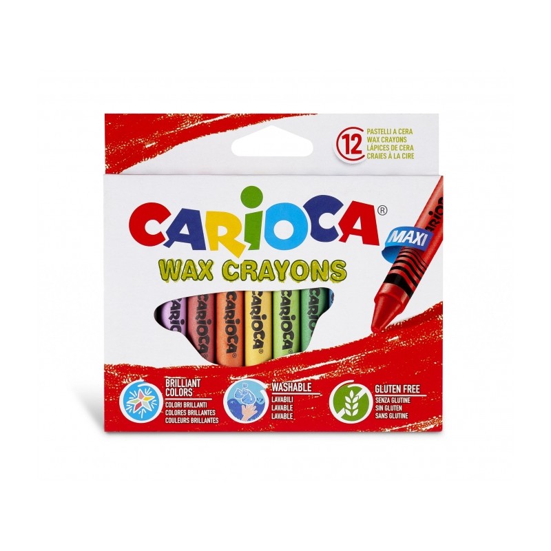 Carioca Maxi confezione da 12 pastelli a cera - Colori vivaci - Lavabili - Corpo Ø 12 mm - Colori vari