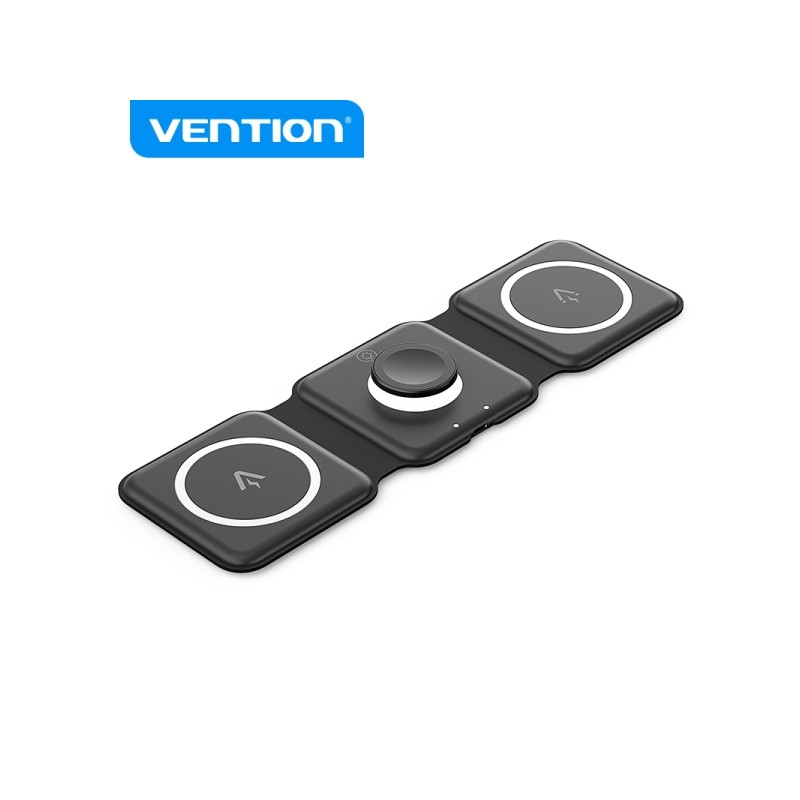 Vention FGG Pad di ricarica wireless 3 in 1 con MagSafe - Ricarica rapida 15W - Luce notturna a LED - Colore nero