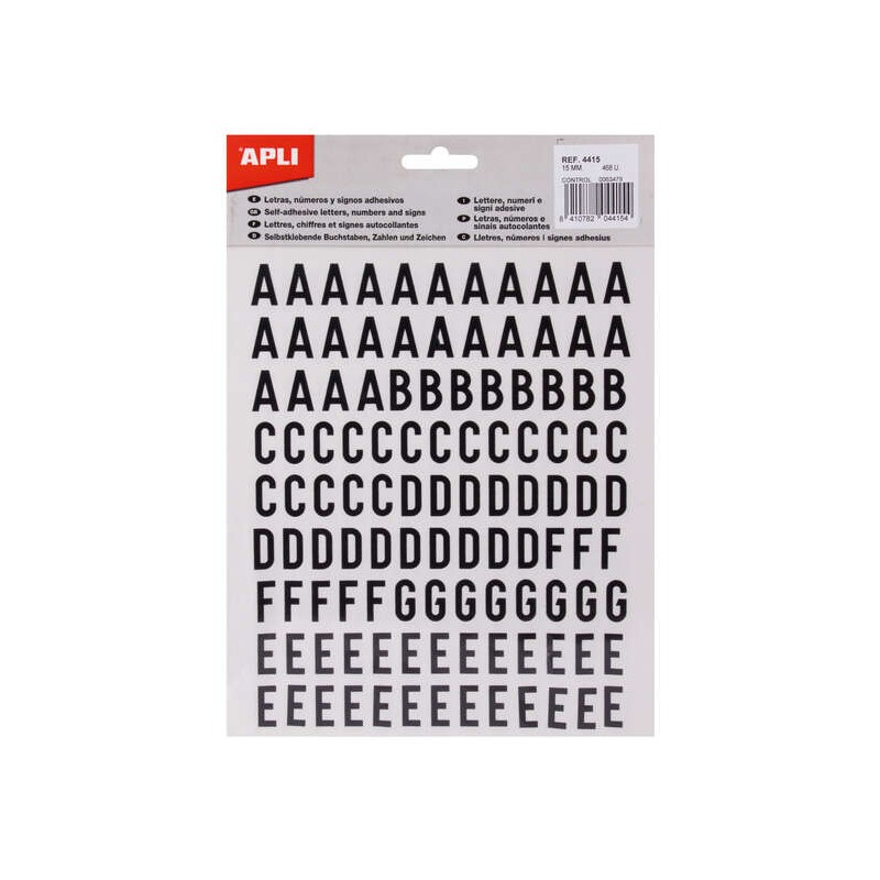Apli Sticky Stick Letters Maiuscole - Altezza 15 mm - Confezione da 4 fogli con 468 lettere - Colore nero