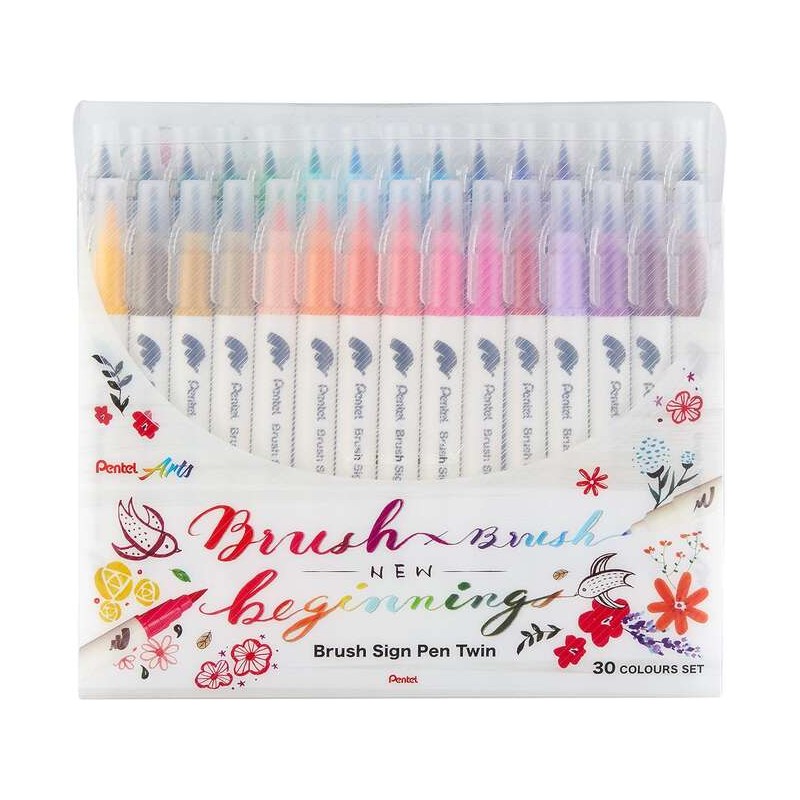 Penna Pentel Brush Sing Confezione doppia da 30 penne con doppia punta flessibile - Punta larga 1-4 mm. punta fine 0.2-2
