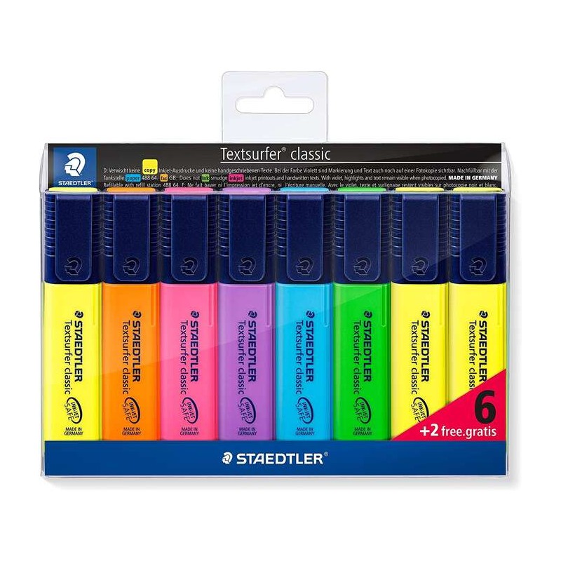 Staedtler Textsurfer Classic 364 Confezione da 8 evidenziatori - Punta smussata 1 - 5mm circa - Asciugatura rapida - Col