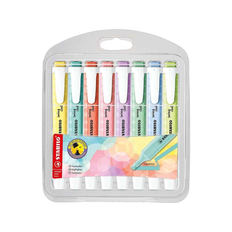 Stabilo Swing Cool Pastel Confezione da 8 evidenziatori - Corpo piatto - Punta smussata - Linea da 1 a 4 mm - Inchiostro