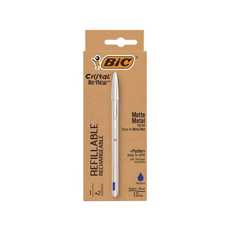 Bic Cristal Re'new Penna a sfera ricaricabile Confezione + 2 ricariche - Punta tonda 1.0 mm - Tratto 0.32 mm - Inchiostr