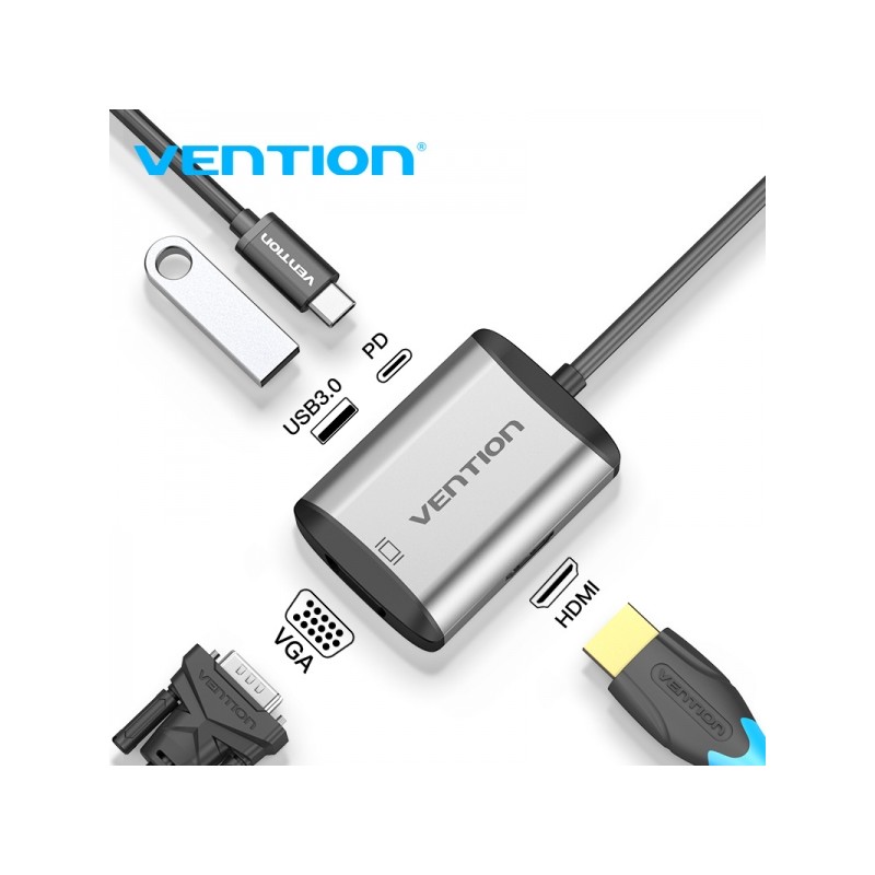 Vention Docking Station 4 in 1 da USB-C a HDMI/VGA/USB3.0/PD87W - 0.15 m - Colore grigio