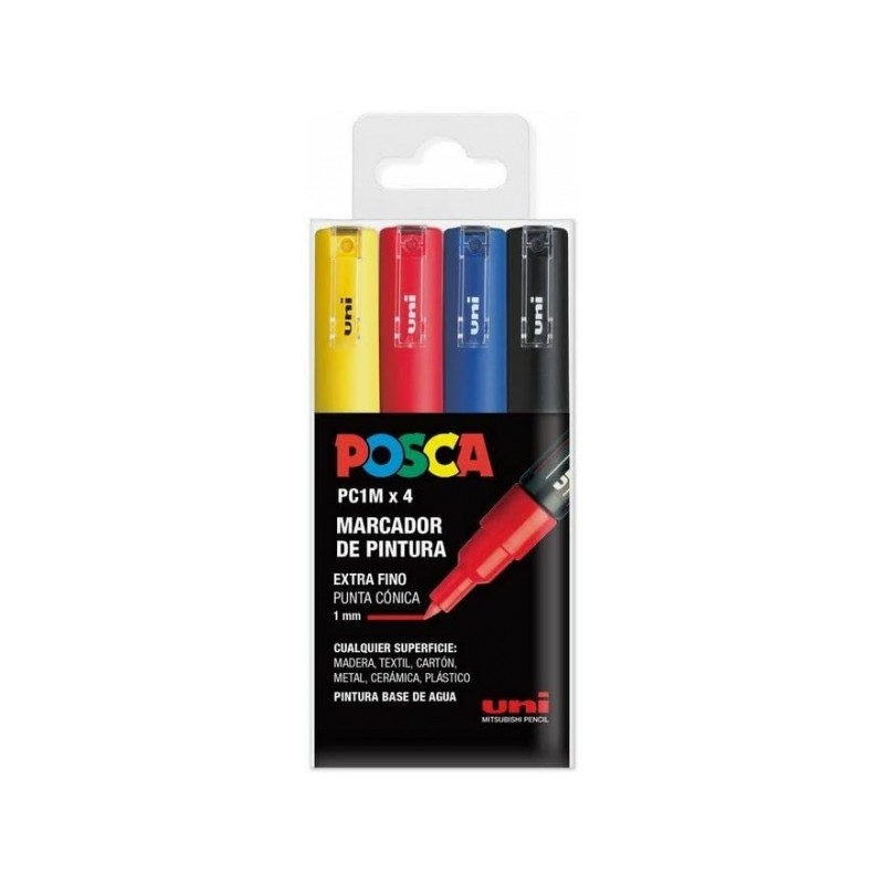 Posca PC1M Confezione da 4 pennarelli - Punta conica 0.7 mm - Inchiostro a base d'acqua - Non permanente - Resistente al