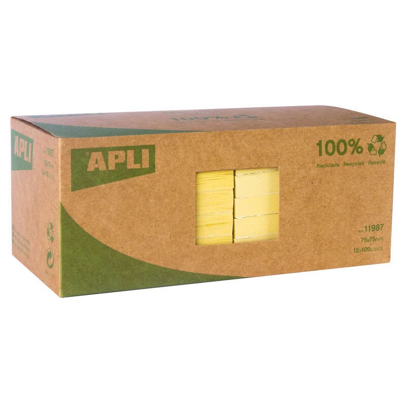 Apli Appunti Riciclati Classic 75x75 - 12 blocchetti da 100 fogli - Appunti di qualità - Carta riciclata - Giallo