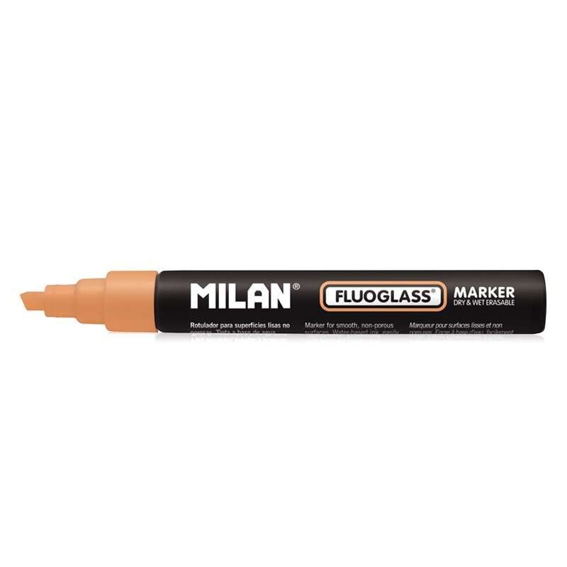 Marcatore Milan Fluoglass per superfici lisce - Punta smussata - Linea da 2 a 4 mm - Inchiostro a base d'acqua - Cancell