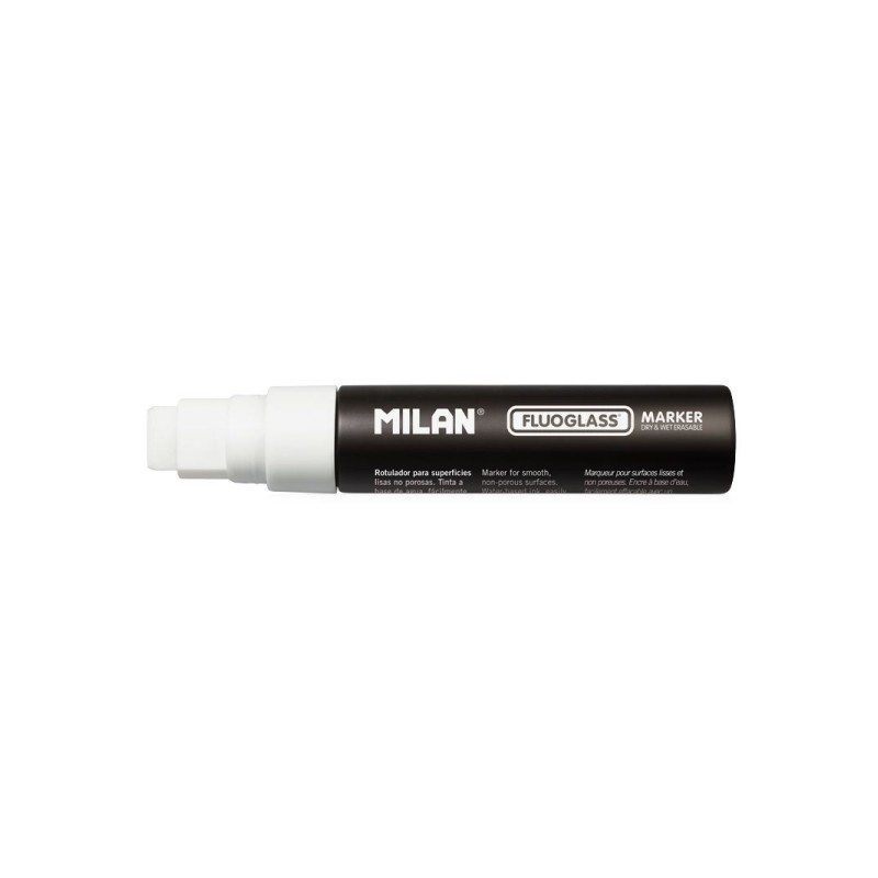 Milan Fluoglass Smooth Surface Pen - Punta piatta - Linea da 8 a 15 mm - Inchiostro a base d'acqua - Gomma facile - Bian