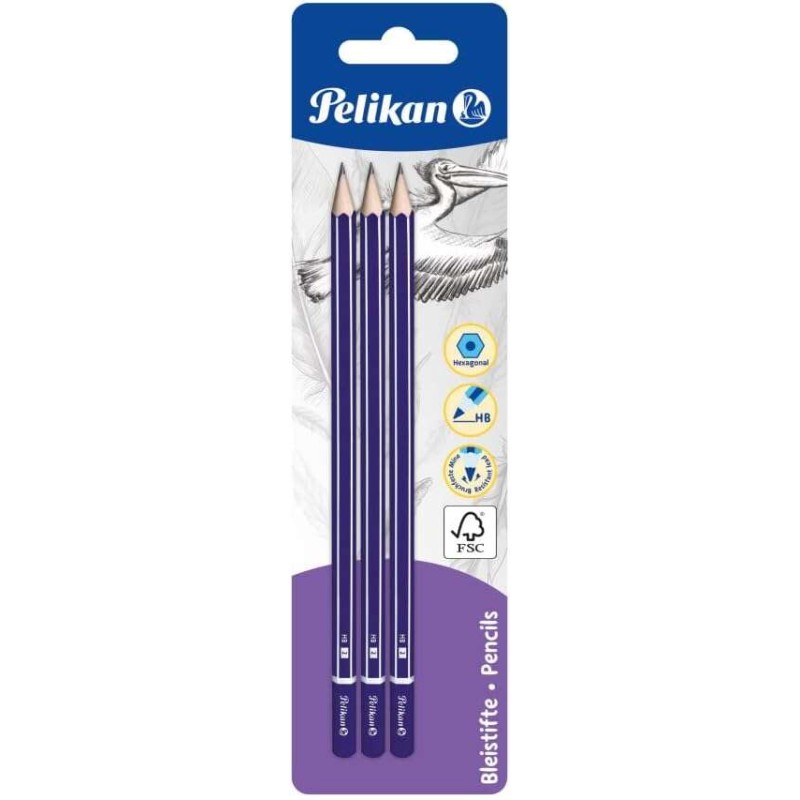 Blister di 3 matite in legno Pelikan HB - Pennino in grafite - Fusto verniciato - Sezione esagonale - Mina resistente