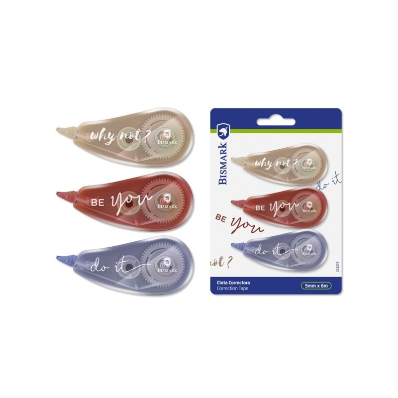 Bismark Be You Confezione da 3 nastri correttivi 5mmx6m - Perfetta adesione alla carta - Confezione blister - Corpo colo