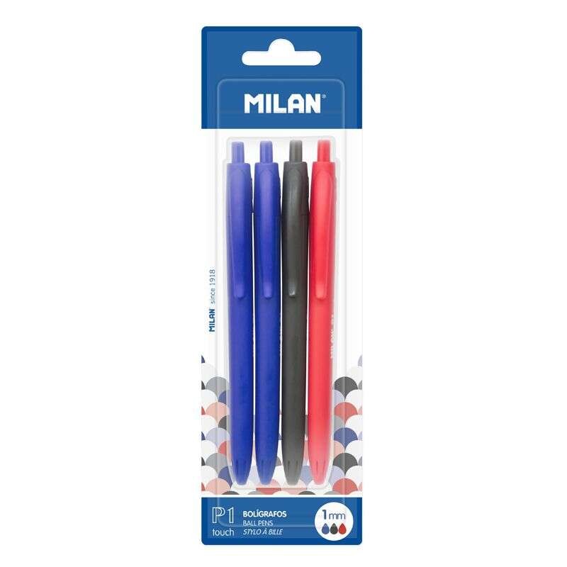 Milan P1 Touch Confezione da 4 penne a sfera retraibili - Punta tonda da 1 mm - Inchiostro a base d'olio - Scrittura sco