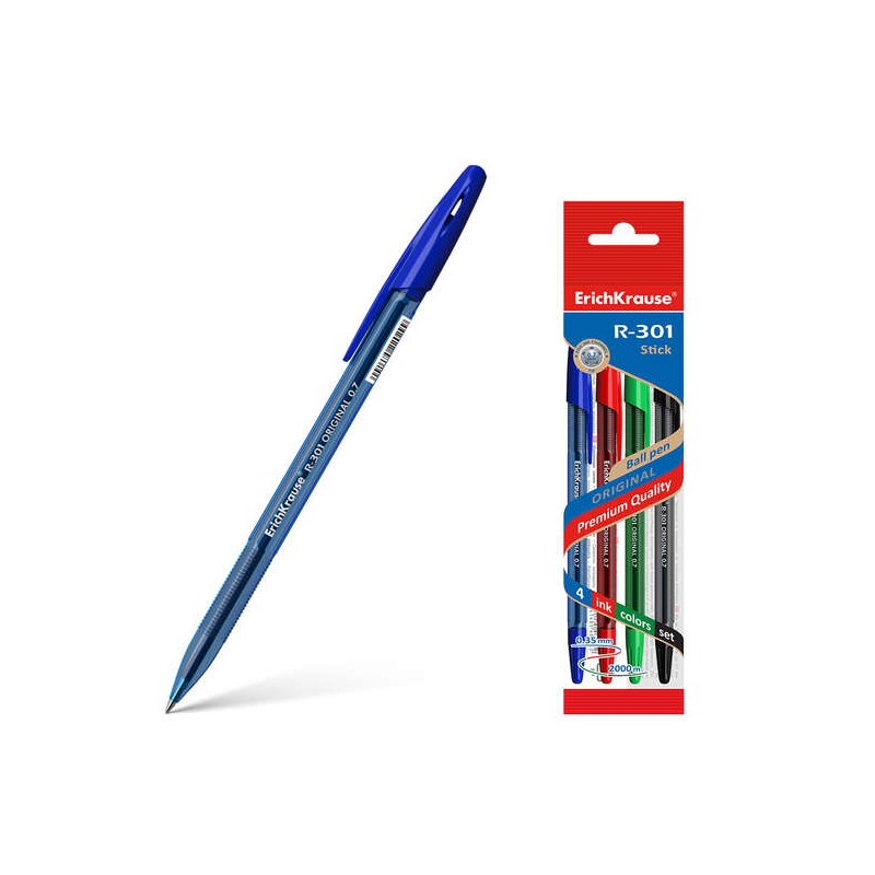 Erichkrause Confezione da 4 penne a sfera R-301 Original Stick 07 - Pennino da 07 mm - Inchiostro ad asciugatura rapida 