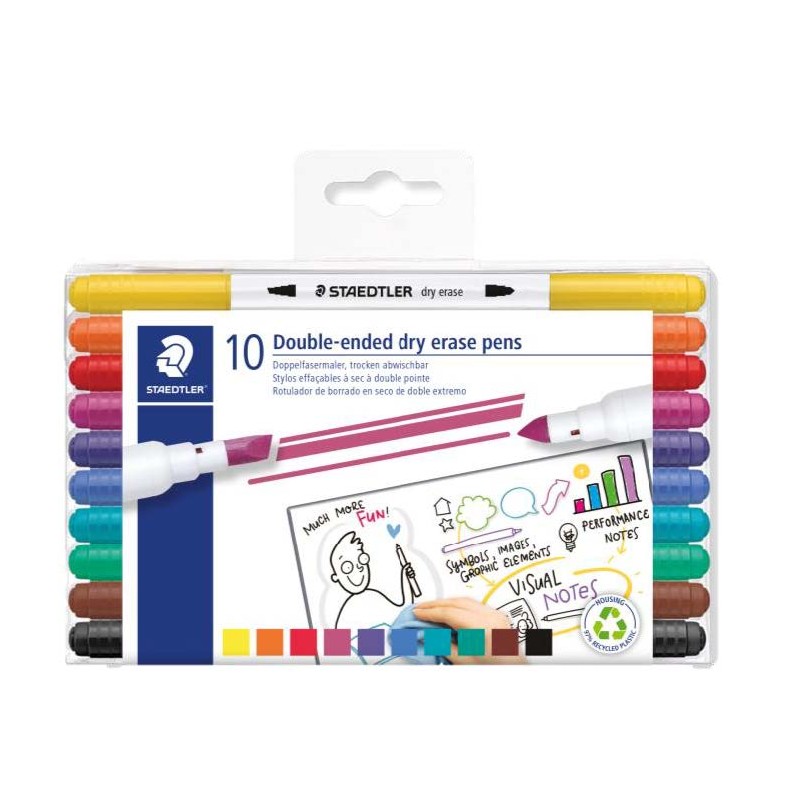 Staedtler Lumocolor 3010 Confezione da 10 pennarelli per lavagne bianche - Punta doppia smussata e affusolata - Inchiost