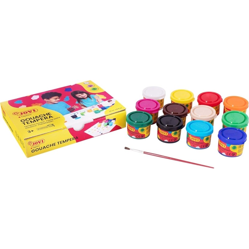 Confezione Jovi con 12 flaconi di tempera da 35 ml - miscelabile - per carta. cartone. legno. stoffa. pasta da modellare