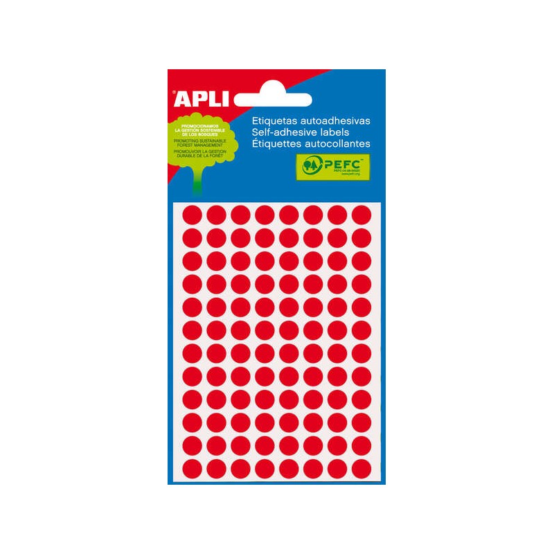 Apli Minibag di 288 etichette rotonde Ø 8 mm - 3 fogli per 96 etichette - Adesivo permanente - Colore rosso fluoro