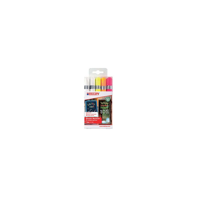 Edding 4095 Confezione da 5 pennarelli a gesso liquido - Punta tonda - Tratto 2-3 mm - Odore neutro - Colori bianco x2. 