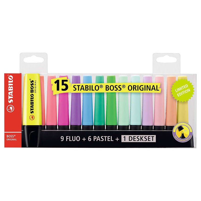 Stabilo Boss 70 Desk Confezione da 15 pennarelli fluorescenti - Pratico supporto da tavolo - Linea da 2 a 5 mm - Ricaric